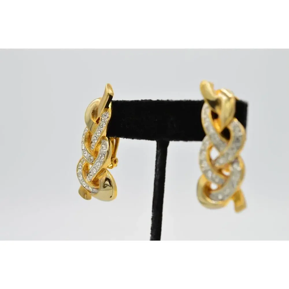 Vintage Crystal Clip On Earrings Chunky Braid Drop Gold Rhinestone NOS 1980s 9L